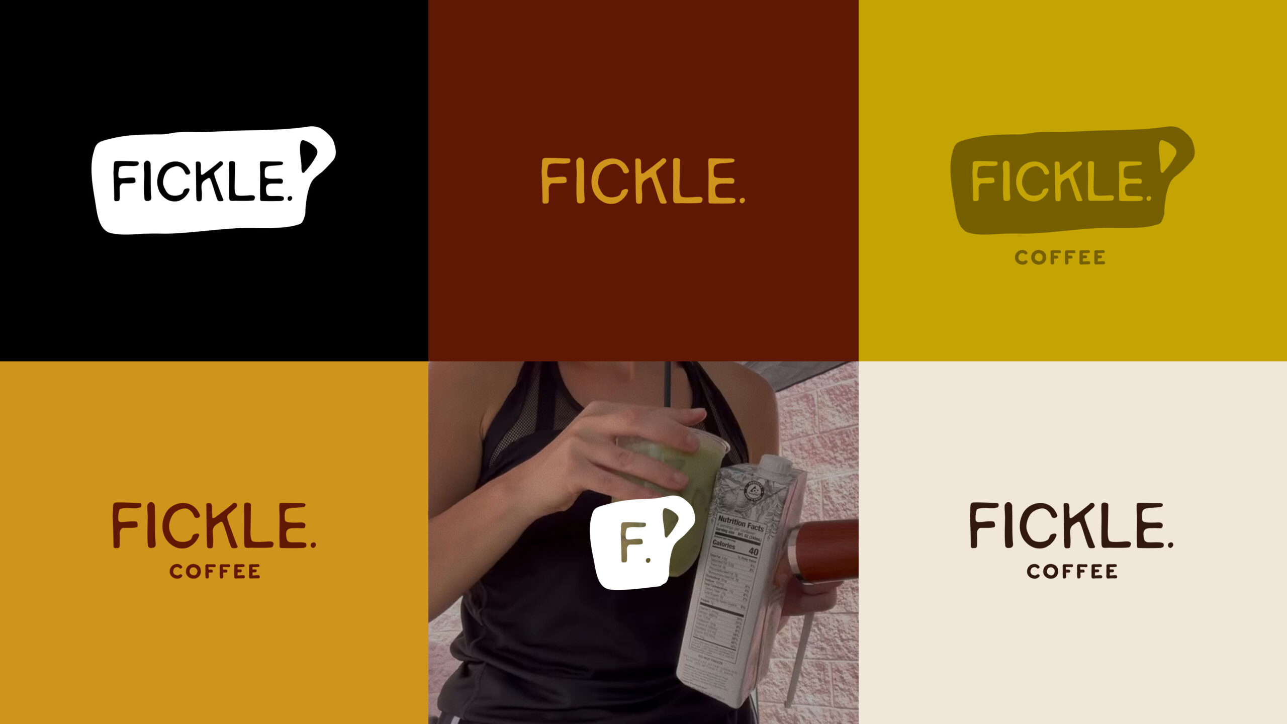 Fickle. Coffee logo shown across multiple background colors and variations