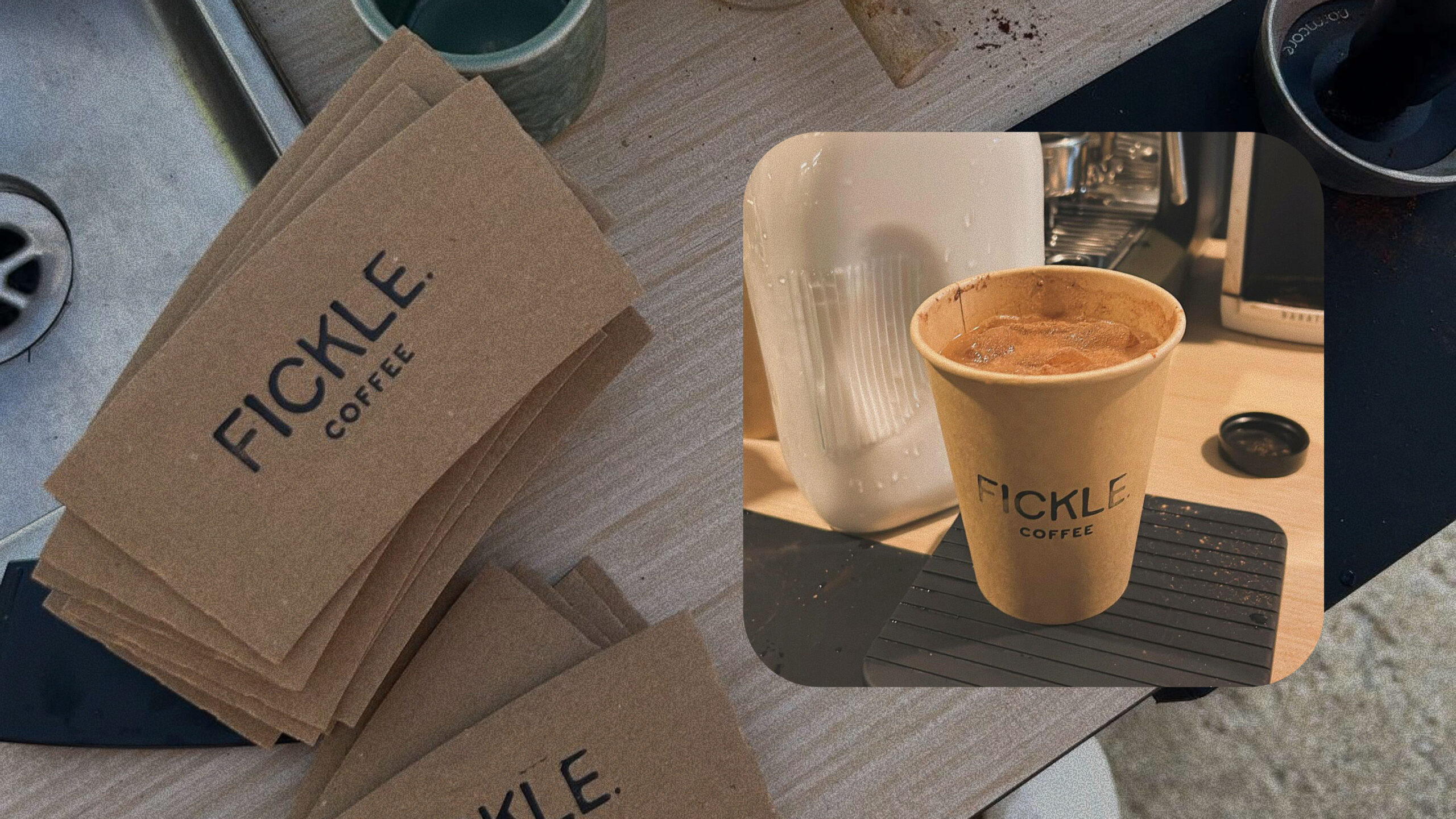 Fickle. Coffee branded paper cups and napkins on a café counter