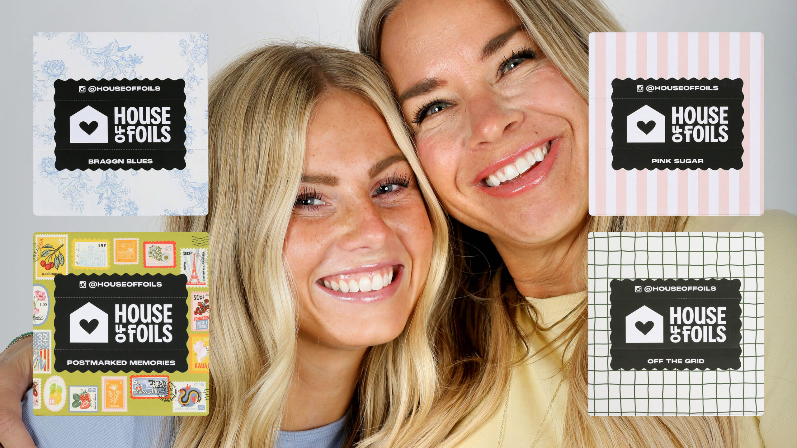 Two founders of House of Foils smiling and holding branded hair foils packaging