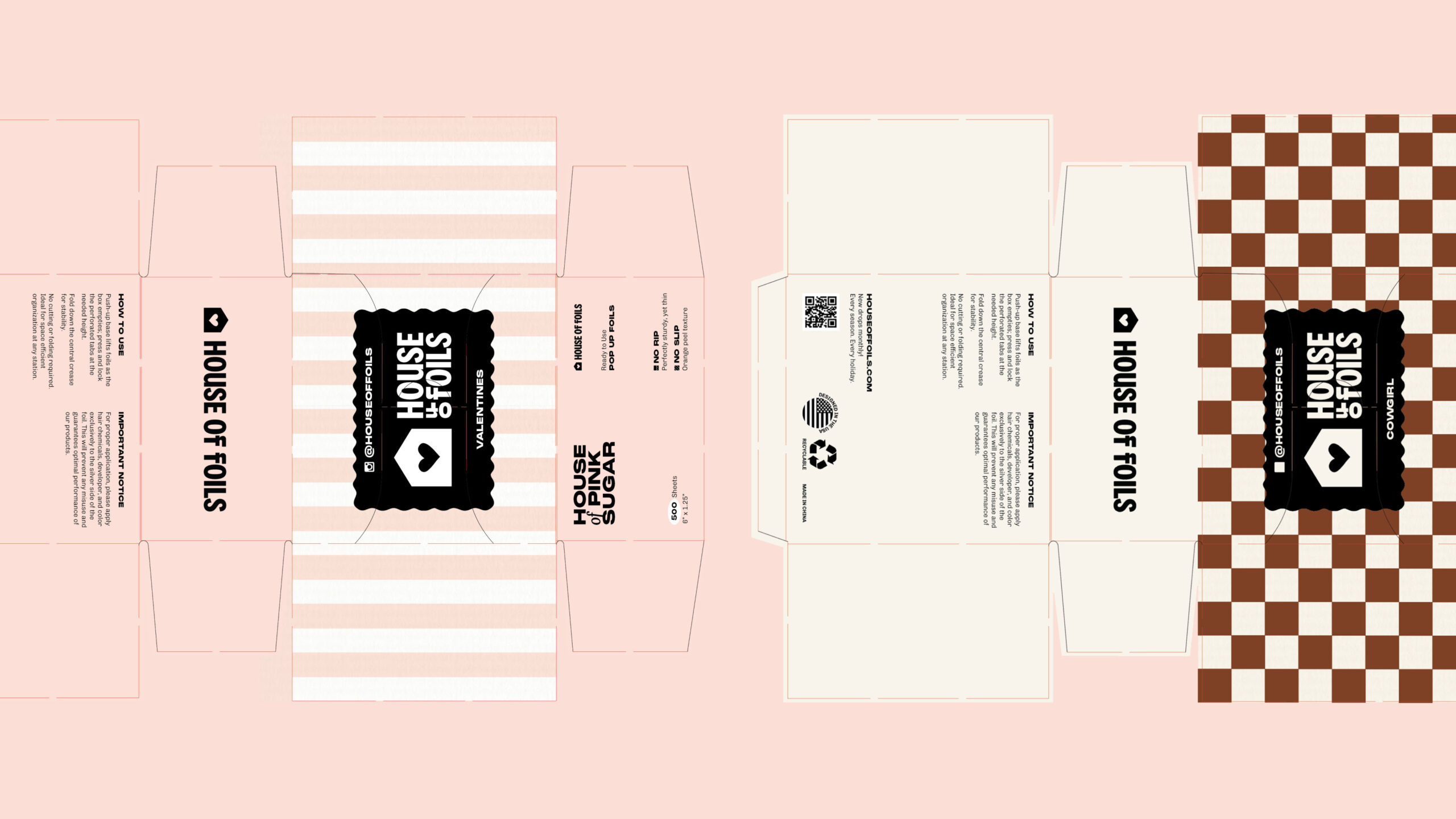 House of Foils packaging dielines showing box layouts, patterns, and logo placement