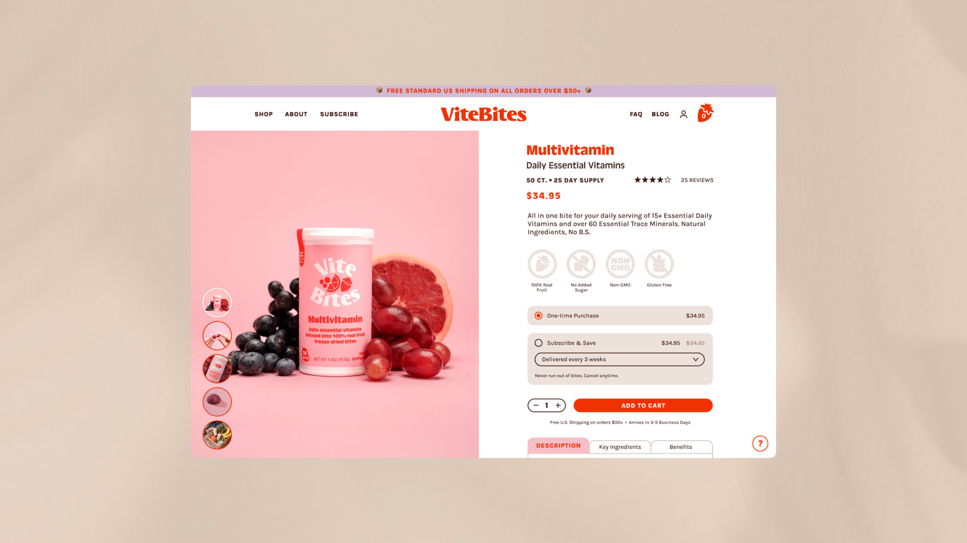 ViteBites Website Design ViteBites product page showing supplement details, pricing, and add-to-cart options