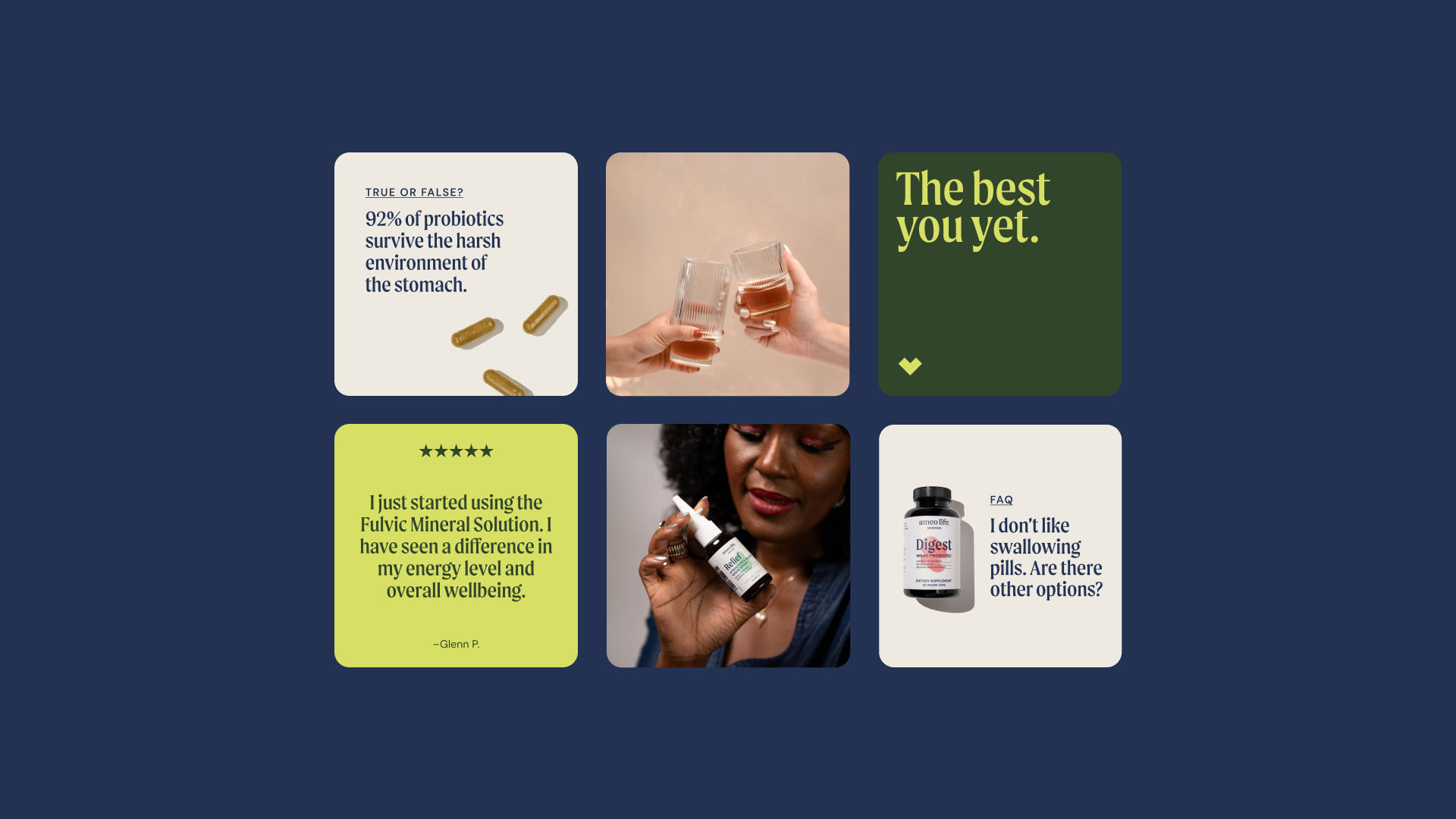 Ameo Life social media design system Ameo Life social media posts featuring wellness messaging and product visuals.