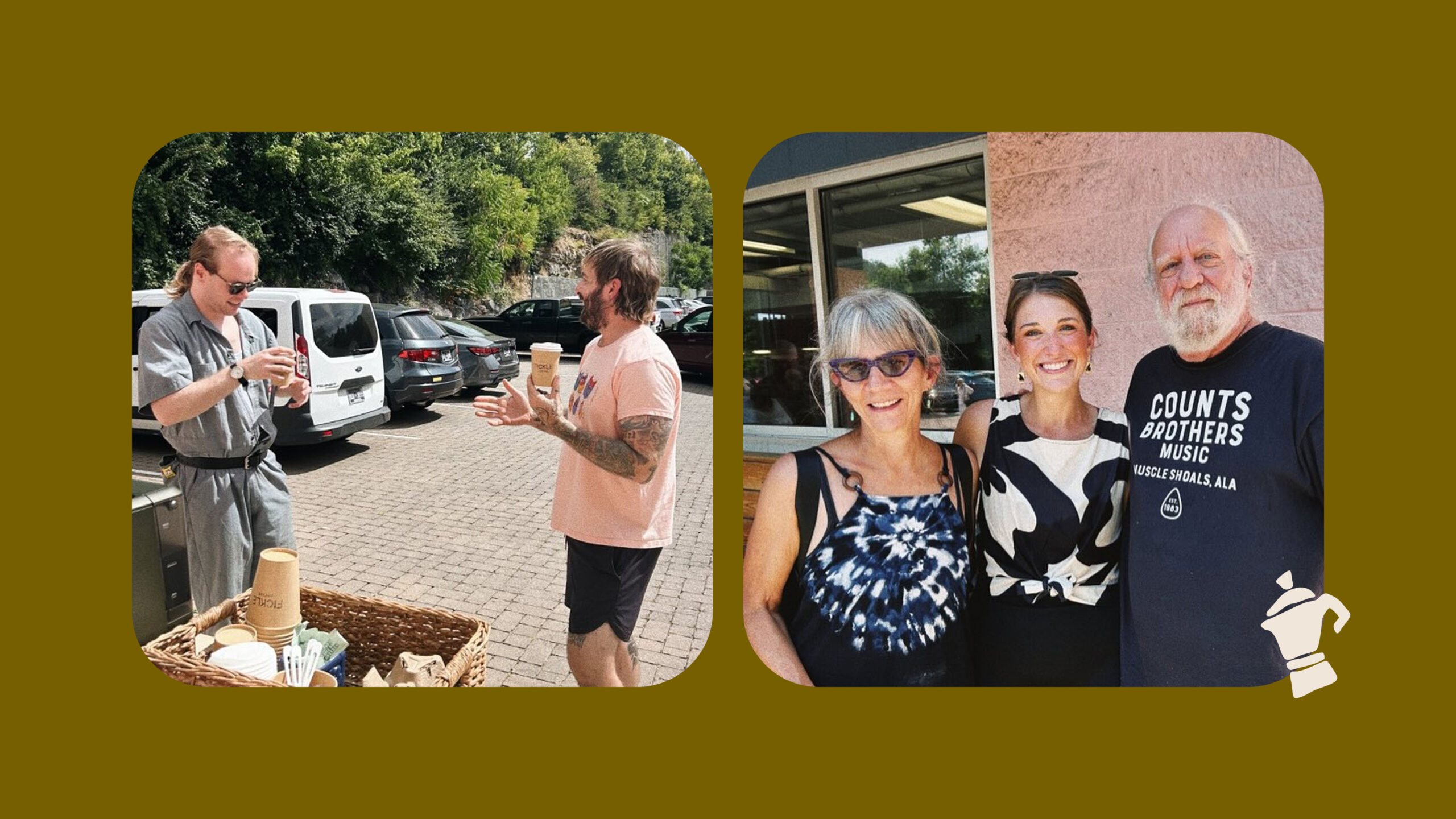People drinking coffee and chatting near a Fickle. Coffee pop-up setup