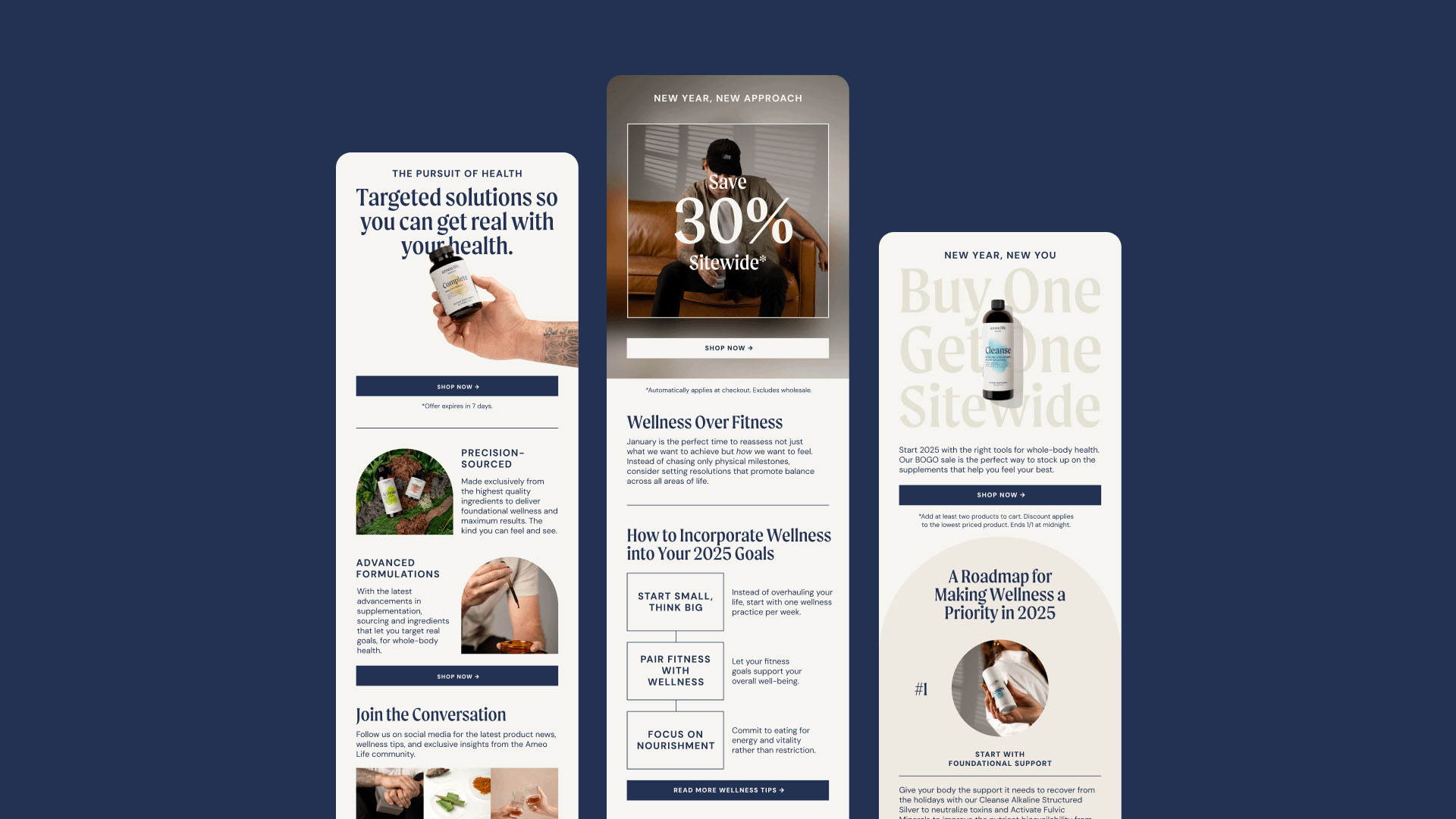 Ameo Life email marketing design Ameo Life email designs featuring product education and wellness content.