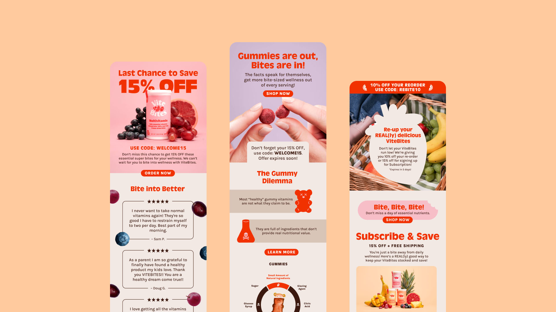 ViteBites Email Design Vite Bites promotional email designs featuring product imagery and calls to action