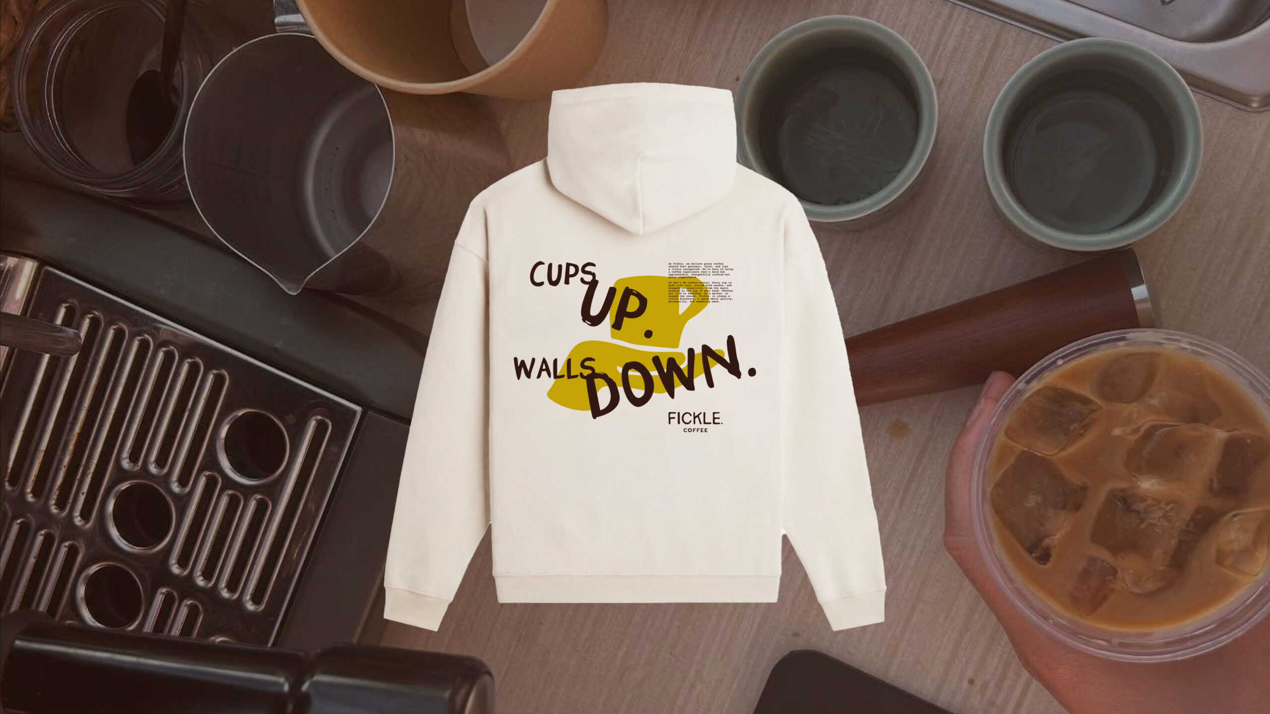 Cream hoodie featuring hand-drawn Fickle. Coffee typography and graphics