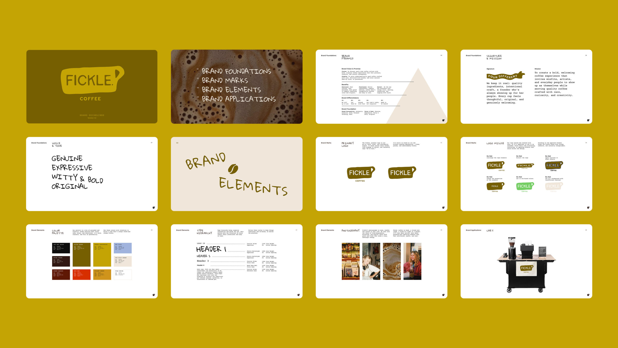 Brand guidelines pages showing logos, colors, typography, and applications for Fickle. Coffee