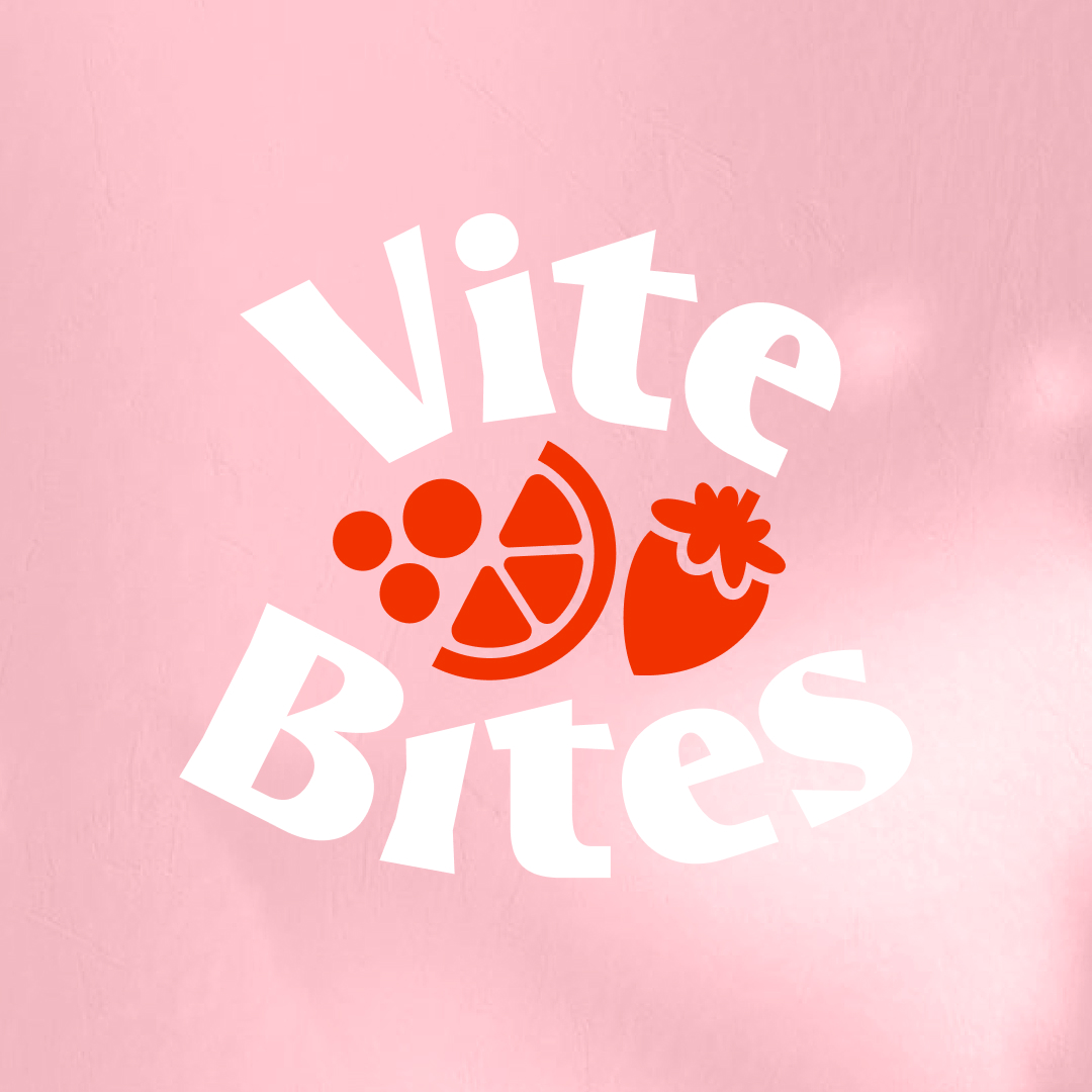 White serif type logo with red fruit over pink background.