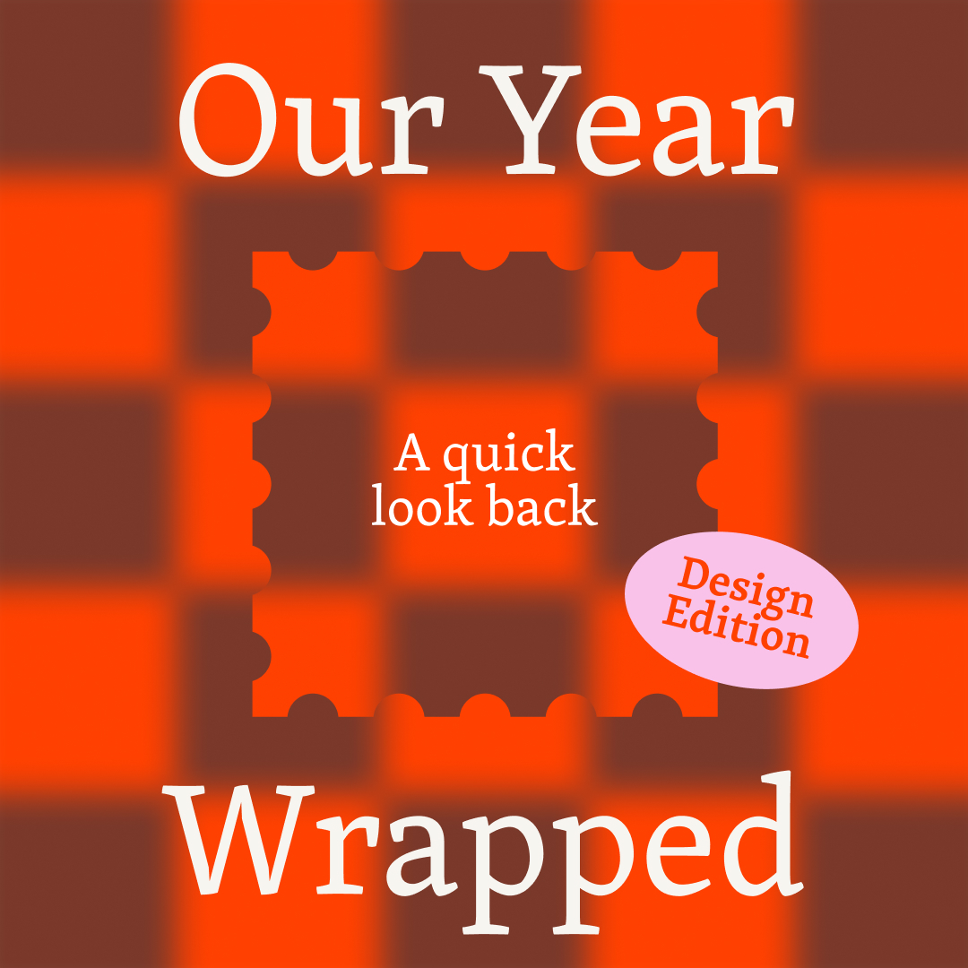 Abstract red and brown checked background with white type on top.