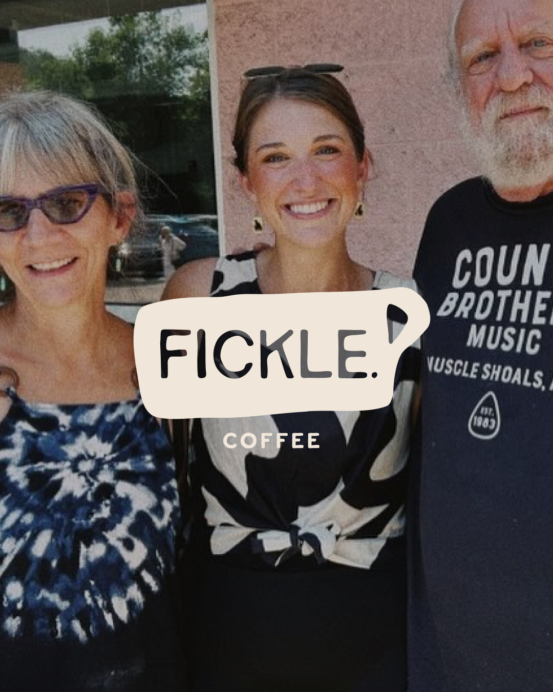 Fickle. coffee logo in cream over lifestyle photo of founder with friends.