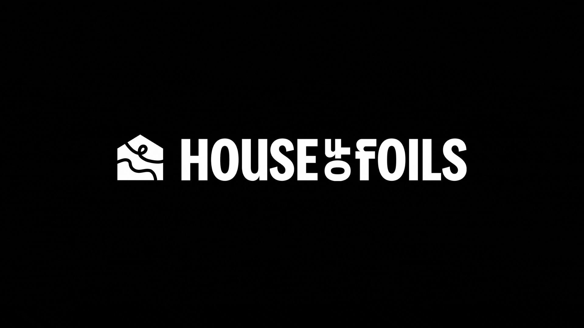 House of Foils logo with a house icon and heart symbol on a black background rotating through different shapes.